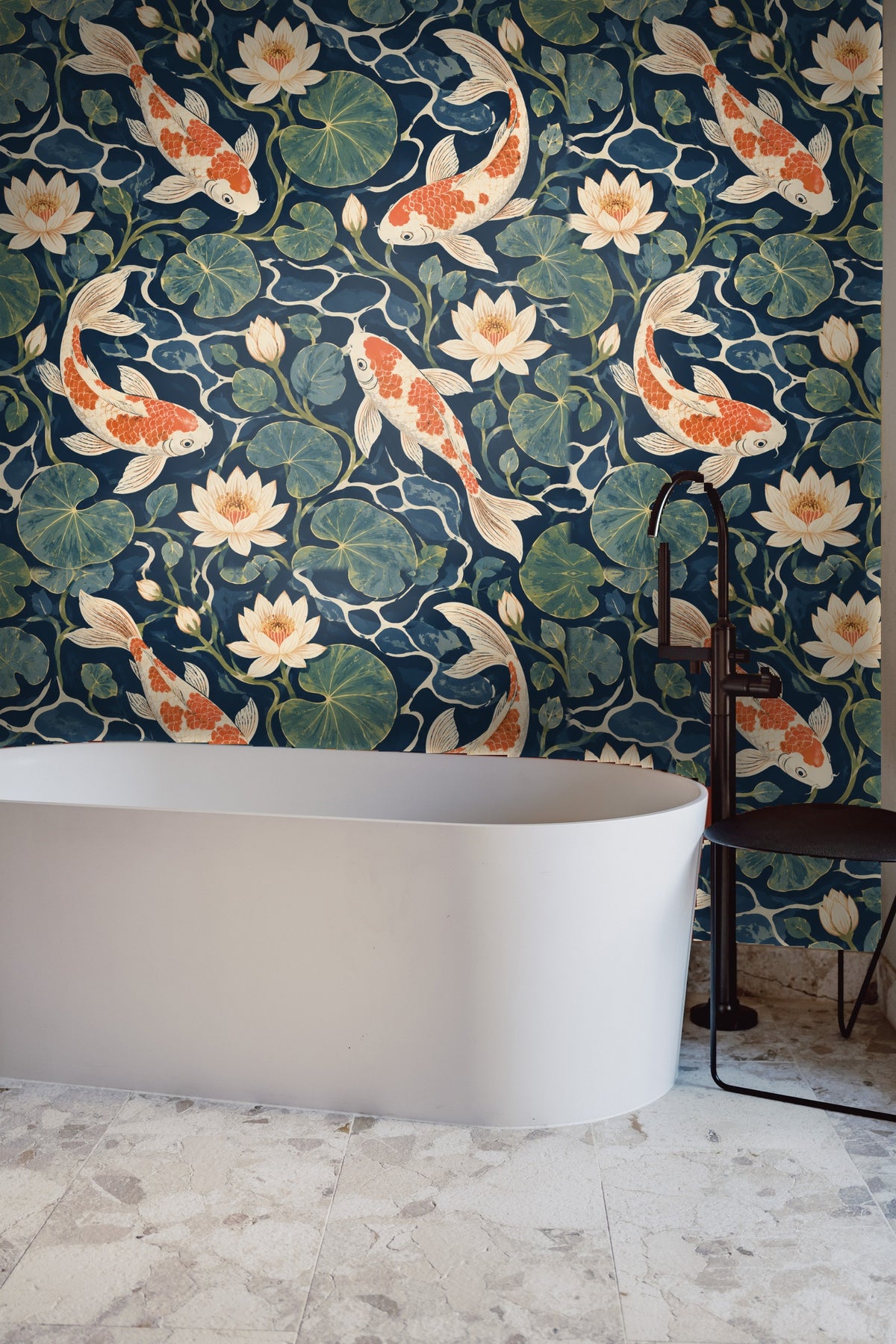 Section of wallpaper highlighting the organic water ripple shapes and floral elements