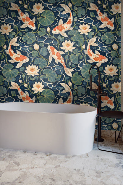 Section of wallpaper highlighting the organic water ripple shapes and floral elements