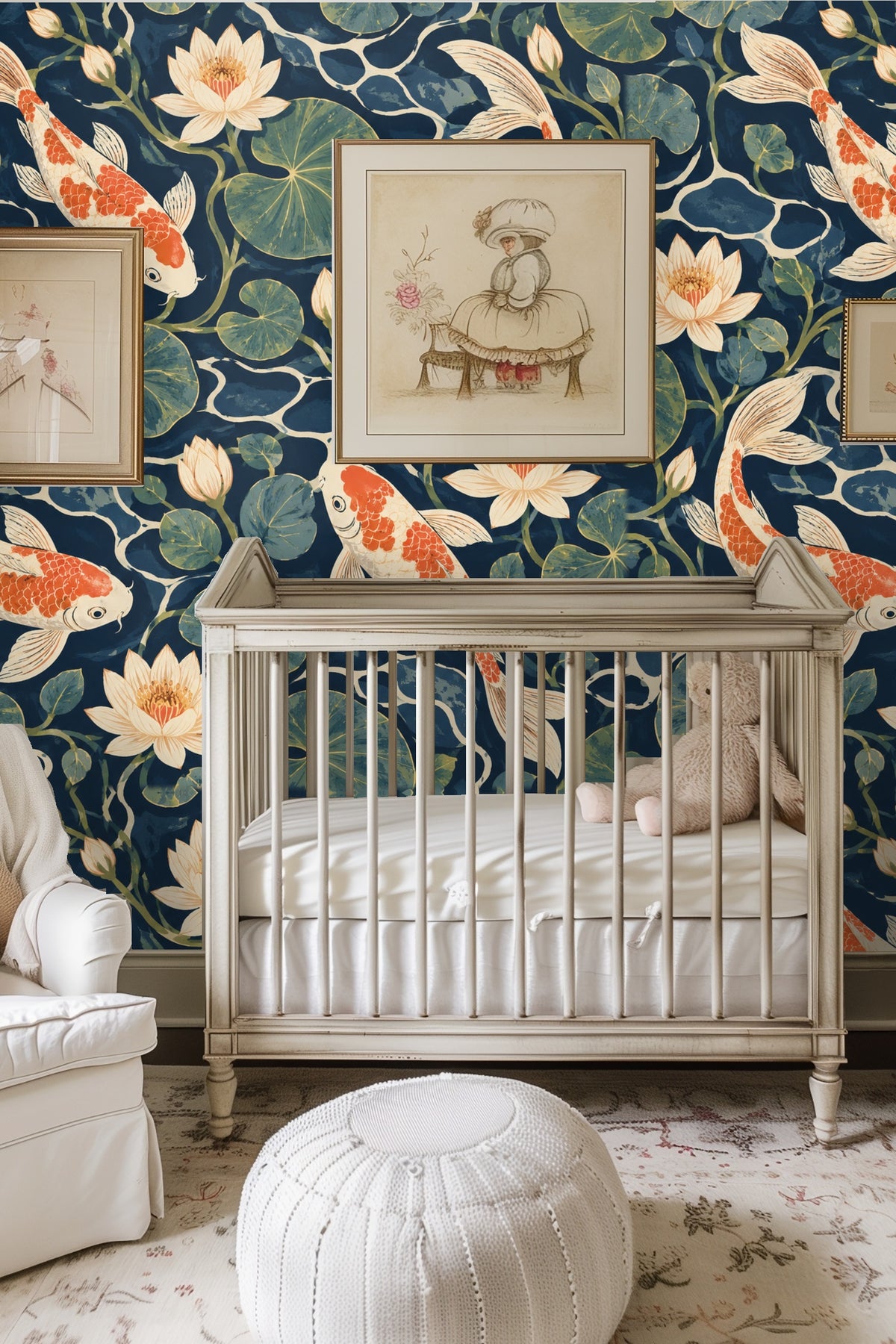 Bedroom wall adorned with Midnight Koi Pond wallpaper showcasing koi fish and lotus bloom motif