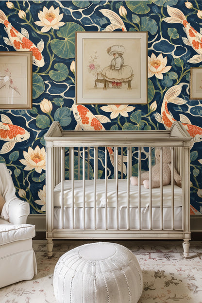 Bedroom wall adorned with Midnight Koi Pond wallpaper showcasing koi fish and lotus bloom motif