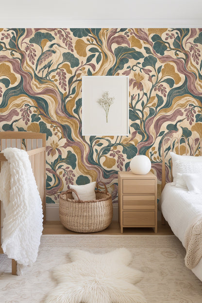 Bedroom scene with Rootflow Heron Grove wallpaper behind a green bed frame and pillows