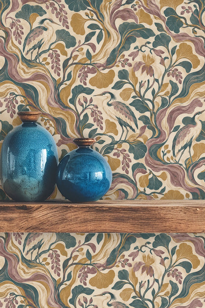 Pattern repeat of Rootflow Heron Grove showing heron and floral elements