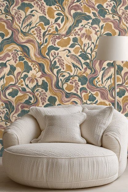 Soft cream background contrasted with teal leaves in wallpaper
