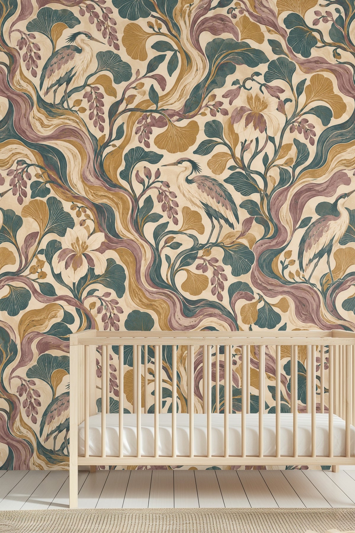 Muted gold and mauve color palette highlights in wallpaper