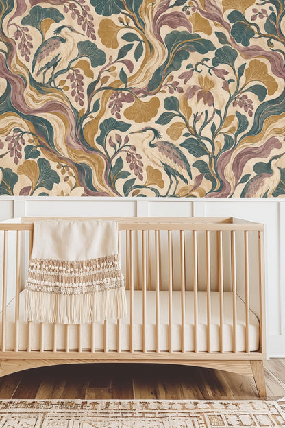 Swirling marbled streaks and botanical greenery in wallpaper artwork