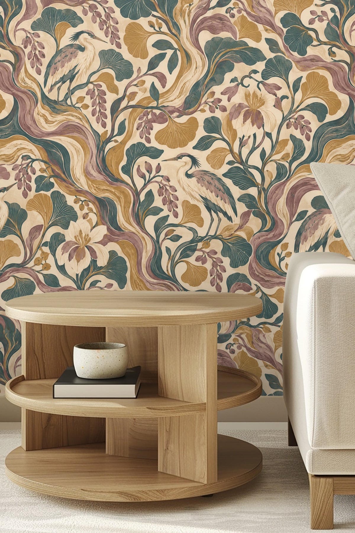 Close-up of Rootflow Heron Grove wallpaper artwork with herons and flowing branches