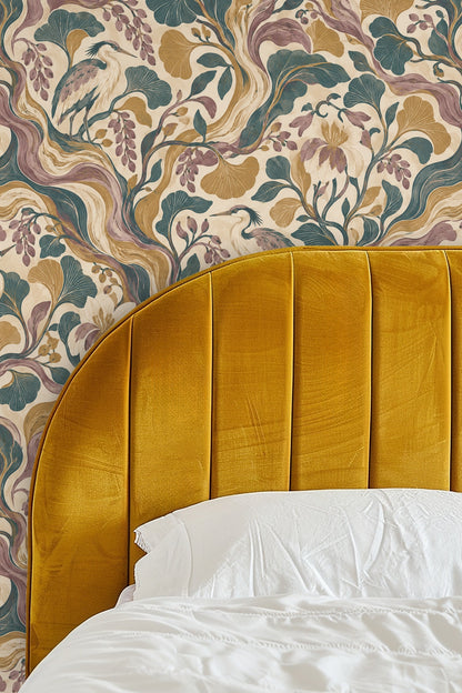 Side view of furniture against Rootflow Heron Grove wallpaper wall