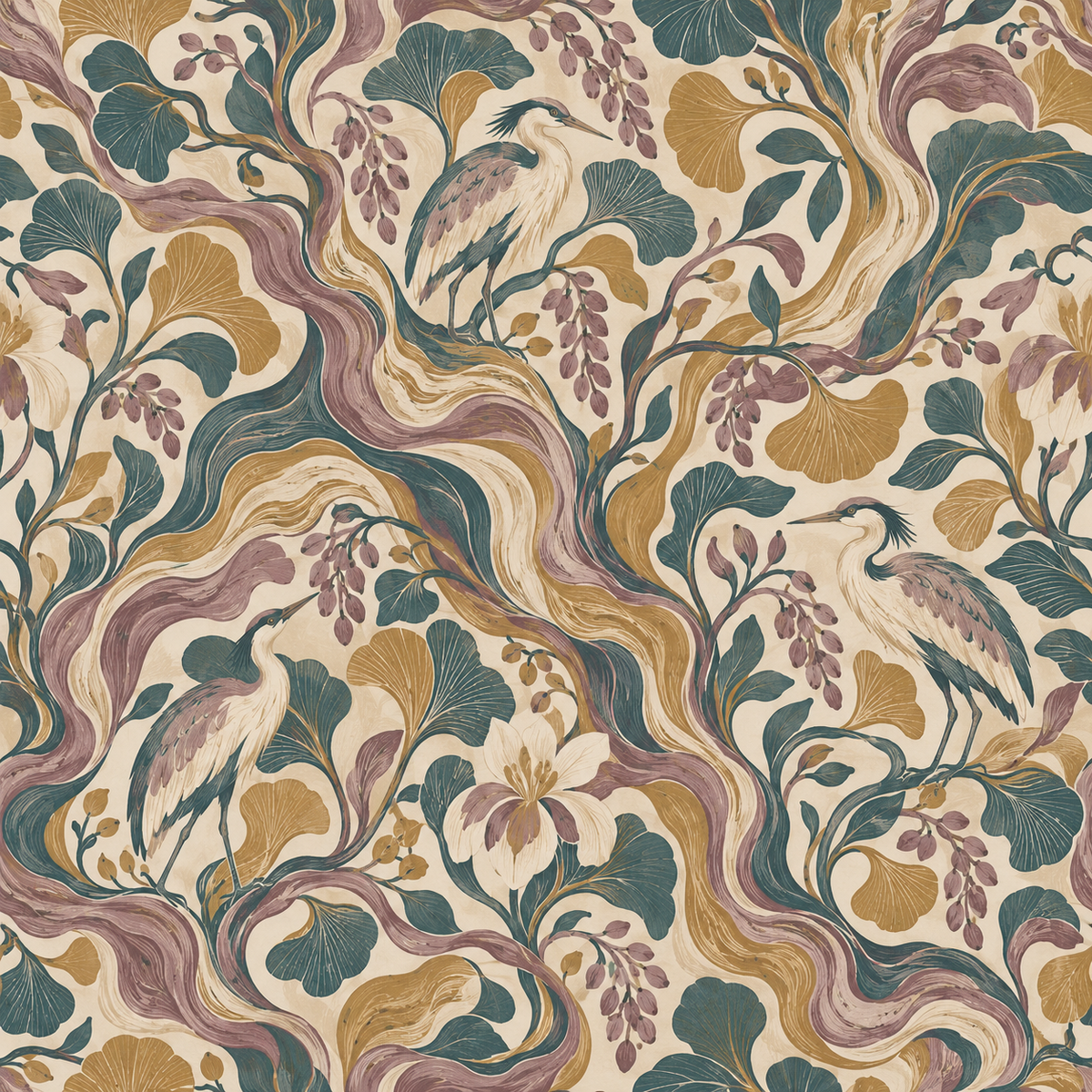 Branch and flower motif pattern repeat of Rootflow Heron Grove