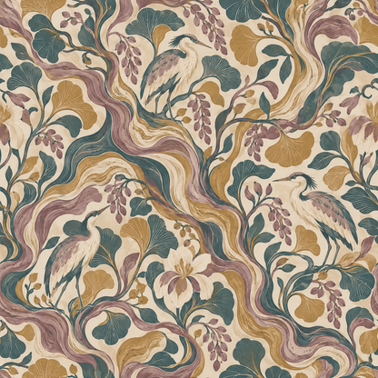 Branch and flower motif pattern repeat of Rootflow Heron Grove