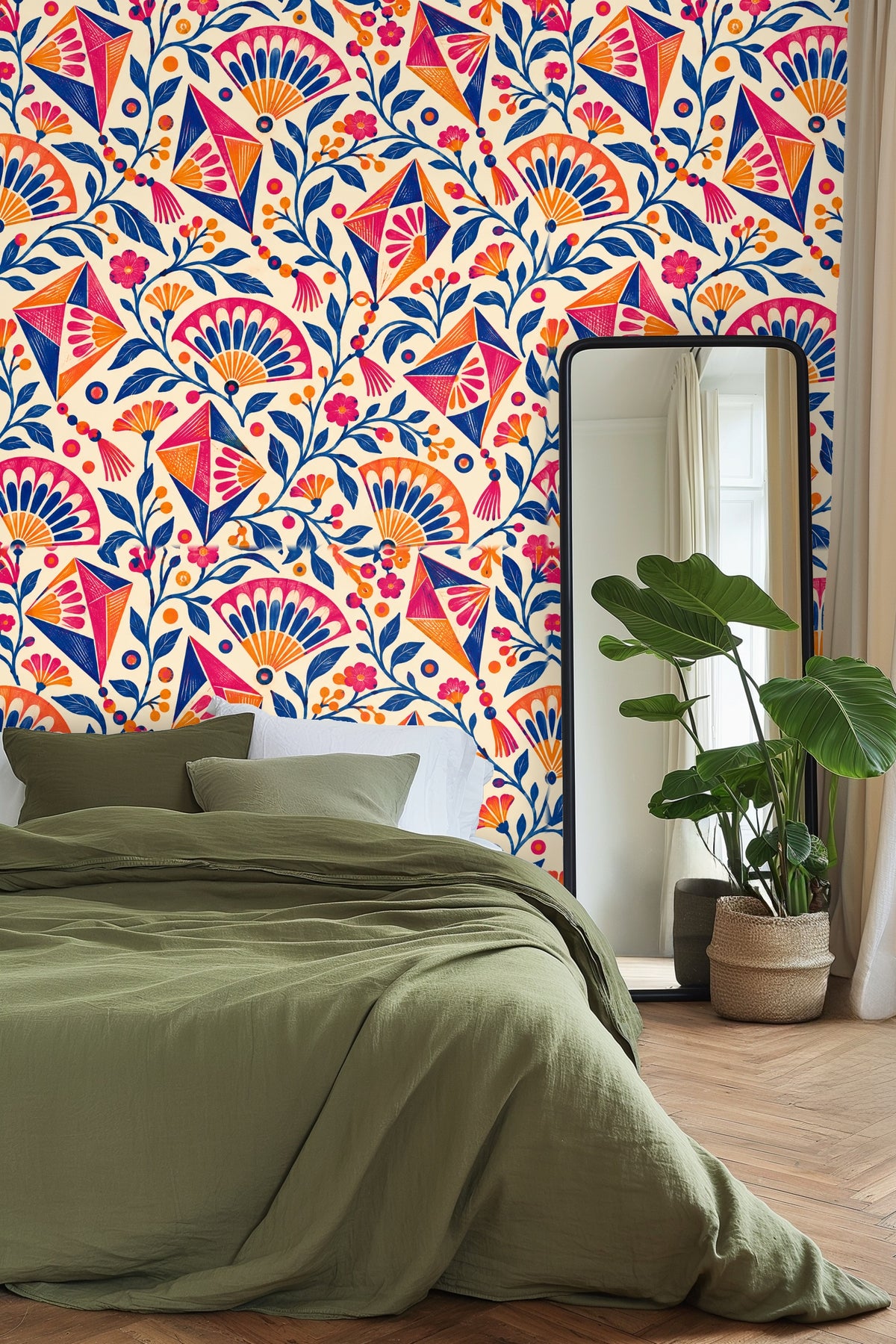 Orange and pink fan-shaped blossoms paired with blue foliage in the wallpaper pattern.