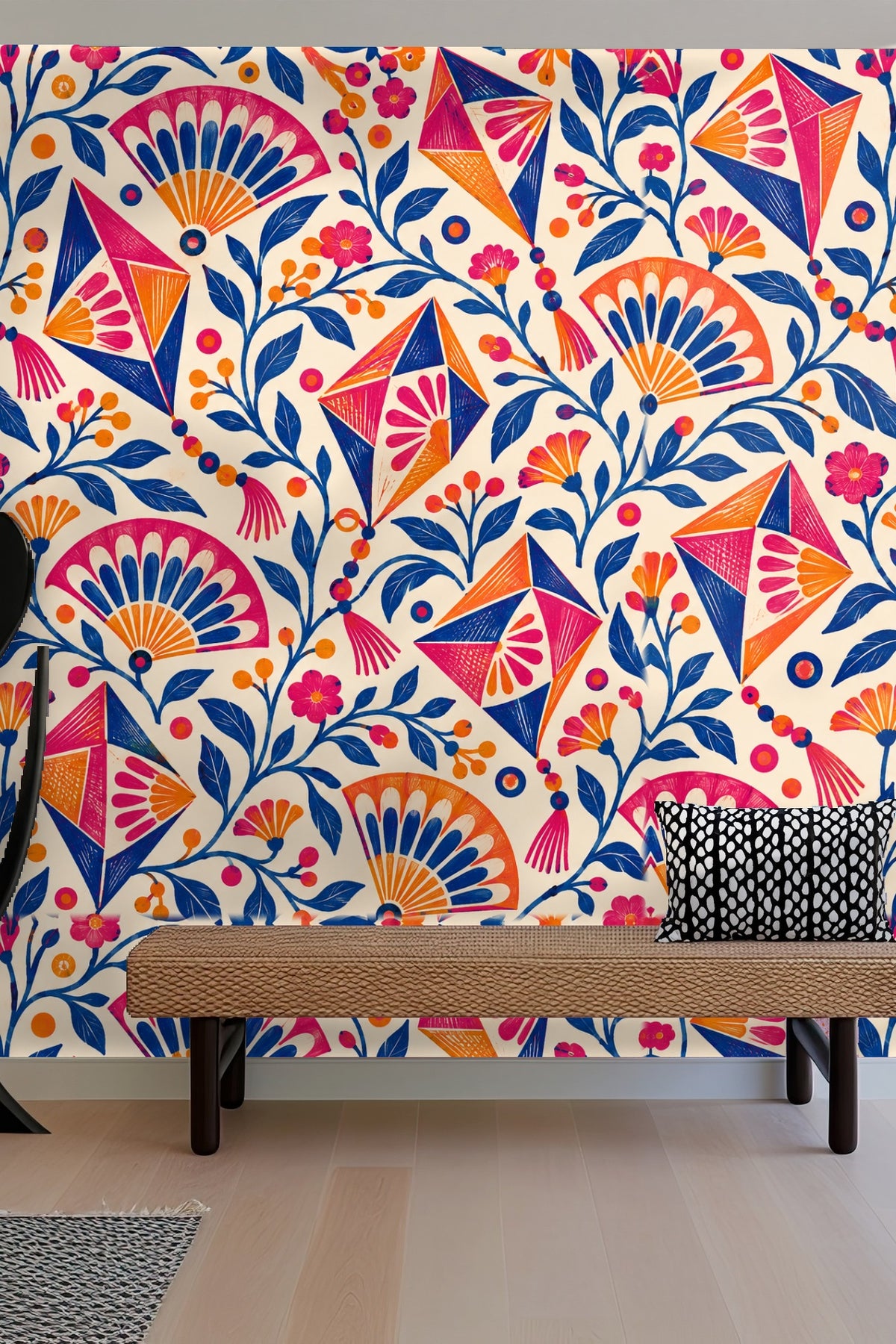Soft cream background contrasting with intense magenta, orange, and blue hues.