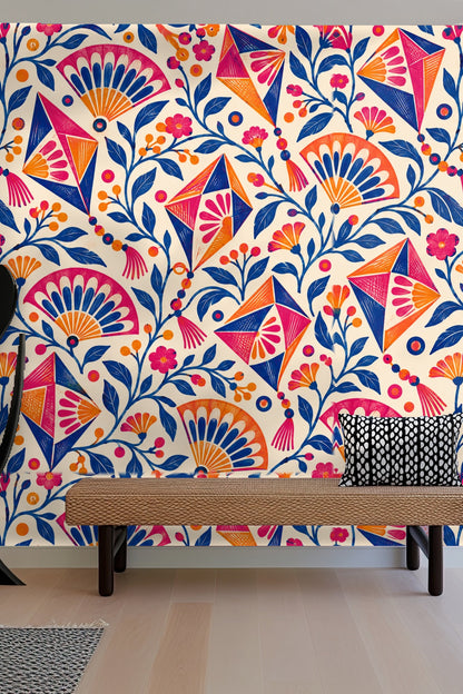 Soft cream background contrasting with intense magenta, orange, and blue hues.