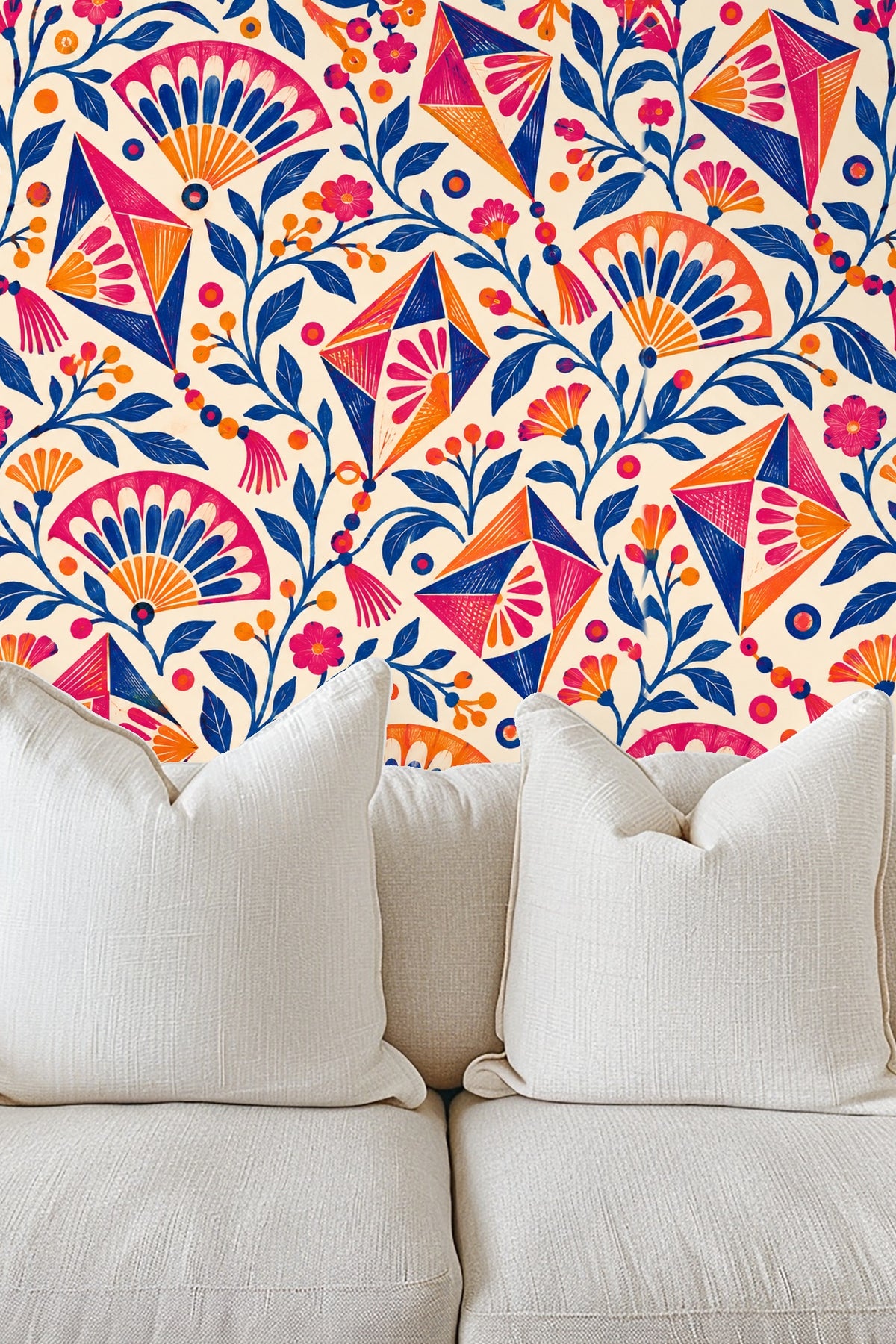Bedroom wall with iron headboard featuring Kite Bloom Crescendo wallpaper in vivid kite and floral motif.