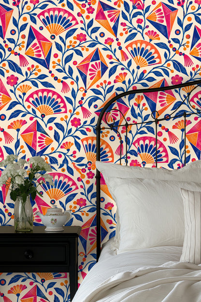 Pattern detail showing vibrant kites and floral fans in fuchsia, orange, and blue on a cream background.