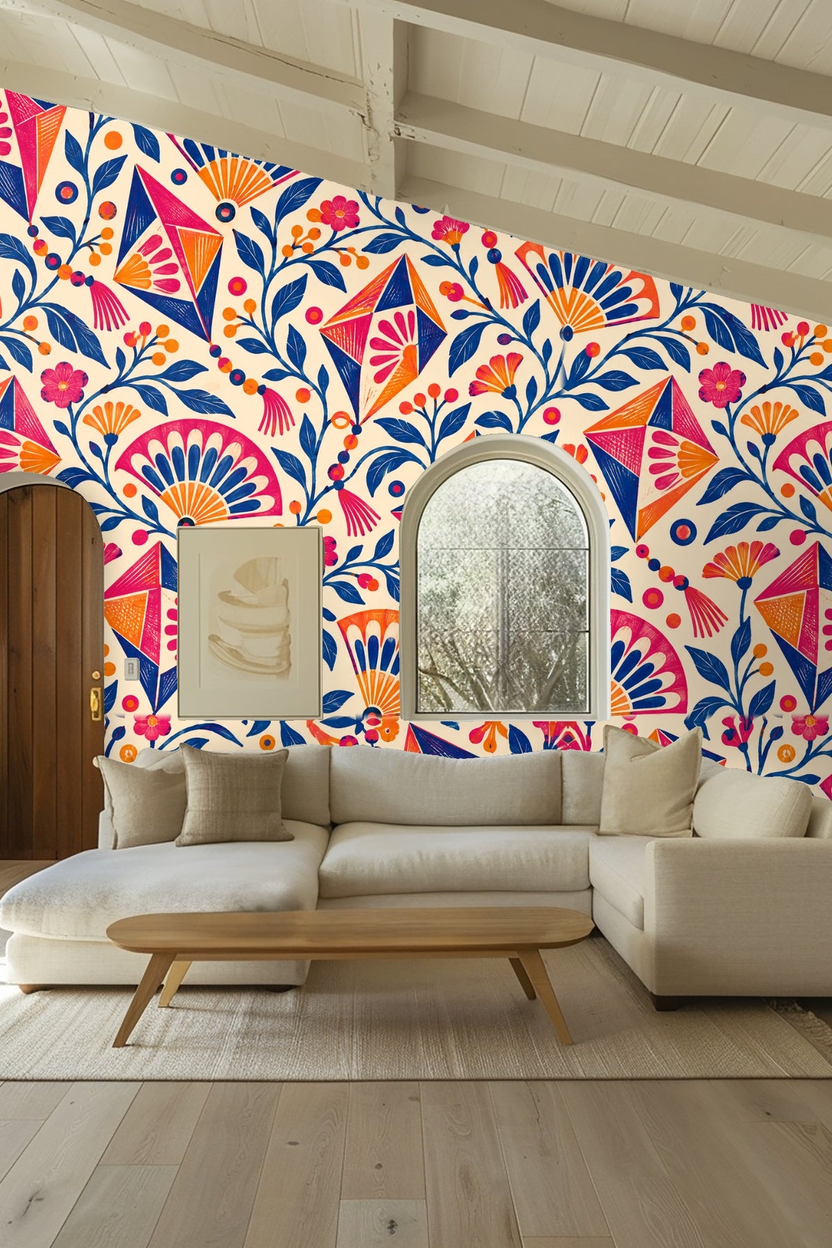 Arrangement of kite motifs connected by berry-like chains and tassels in bold colors.