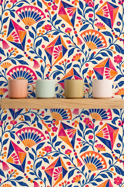 Close-up detail of linear textures and color blocks in the kite shapes of the wallpaper.