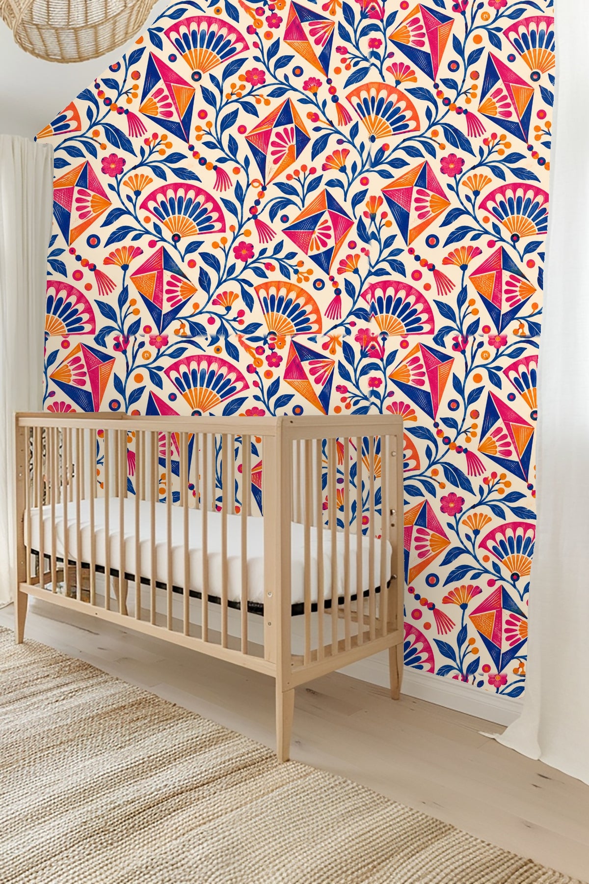 Living room sofa area decorated with Kite Bloom Crescendo wallpaper highlighting the bold kite and flower design.
