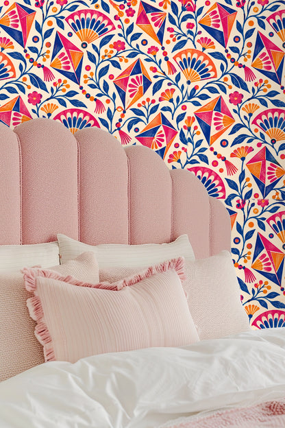 Pattern repeat showing clusters of floral fans and geometric kites interwoven with leaves.