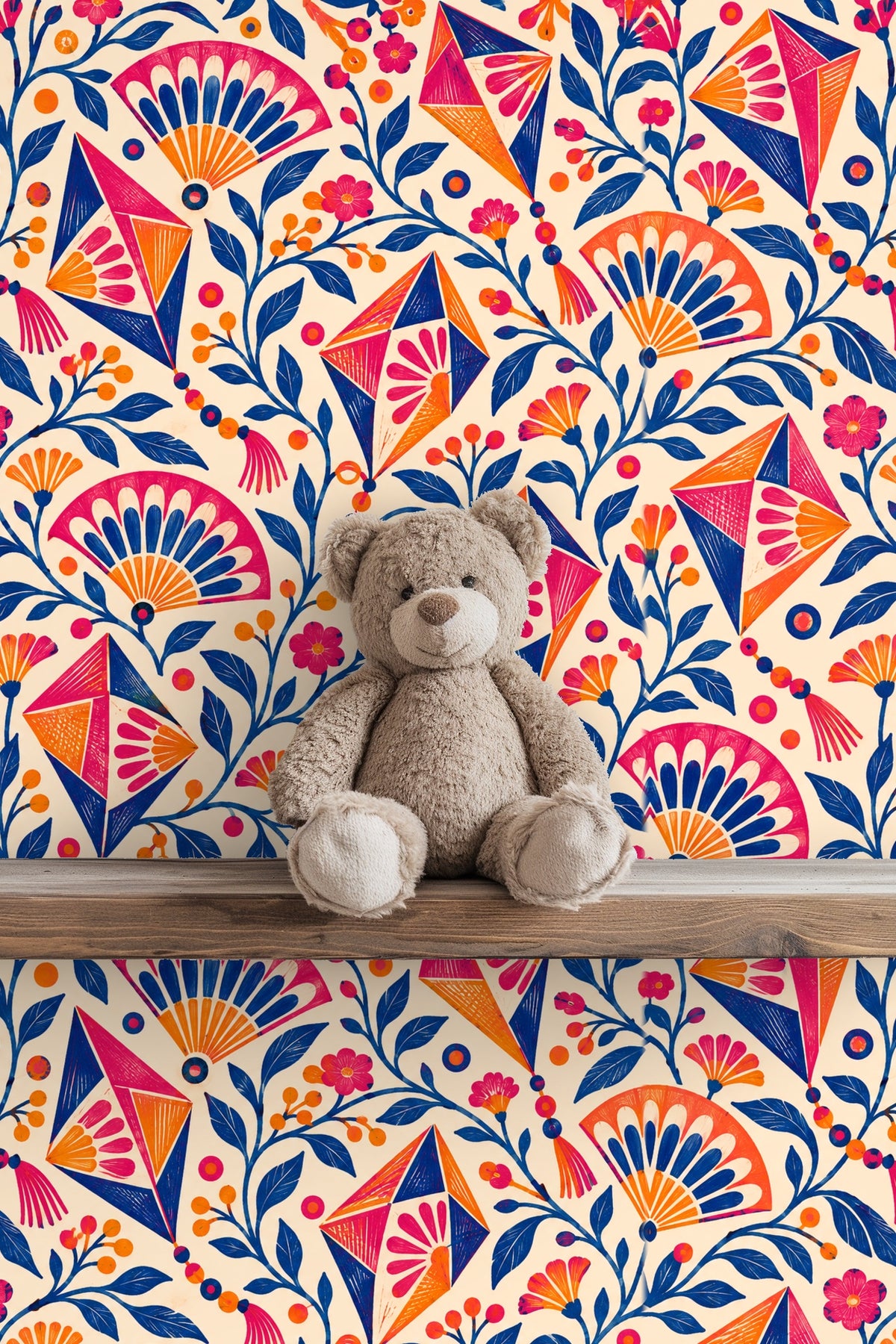 Wall section where the pattern’s midcentury style and lively colors create a bright atmosphere.