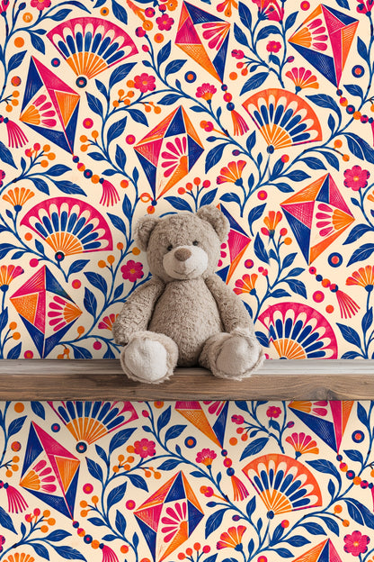 Wall section where the pattern’s midcentury style and lively colors create a bright atmosphere.