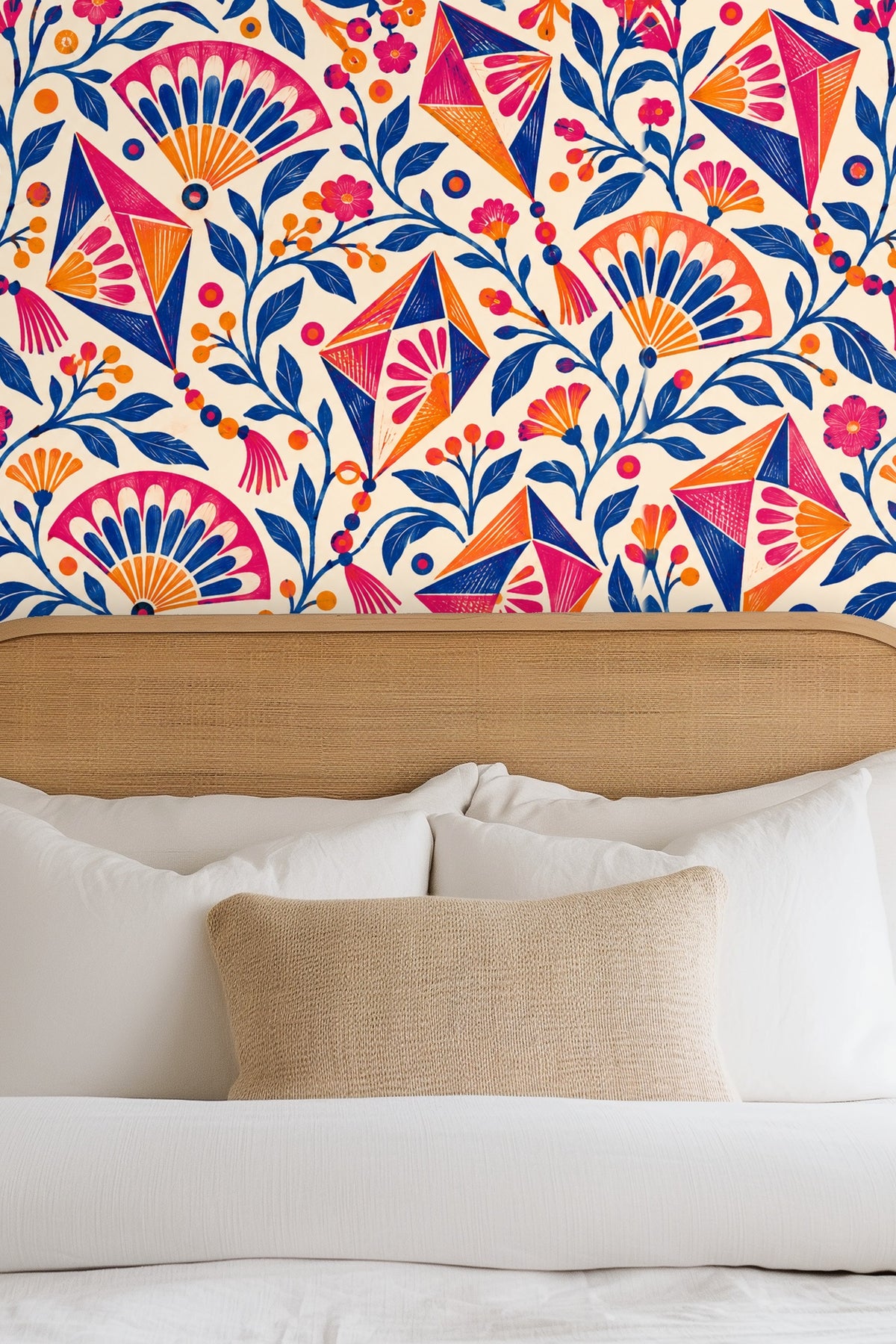 Graphical depiction of kite tassels and connected bead shapes in the wallpaper.