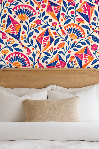 Graphical depiction of kite tassels and connected bead shapes in the wallpaper.