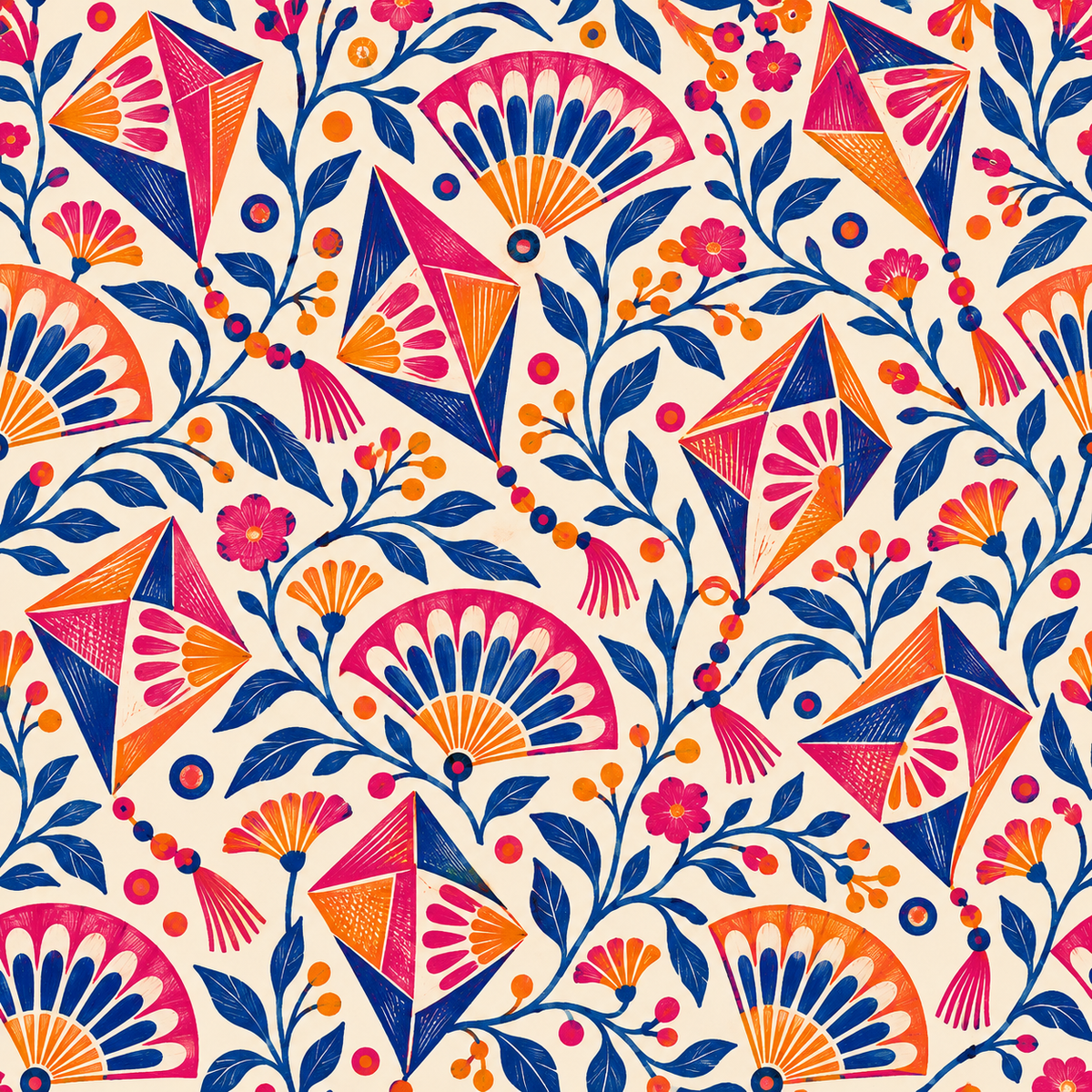 Floral branches with stylized leaf shapes in deep blue intertwined with colorful blossoms and geometric forms.