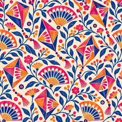 Floral branches with stylized leaf shapes in deep blue intertwined with colorful blossoms and geometric forms.