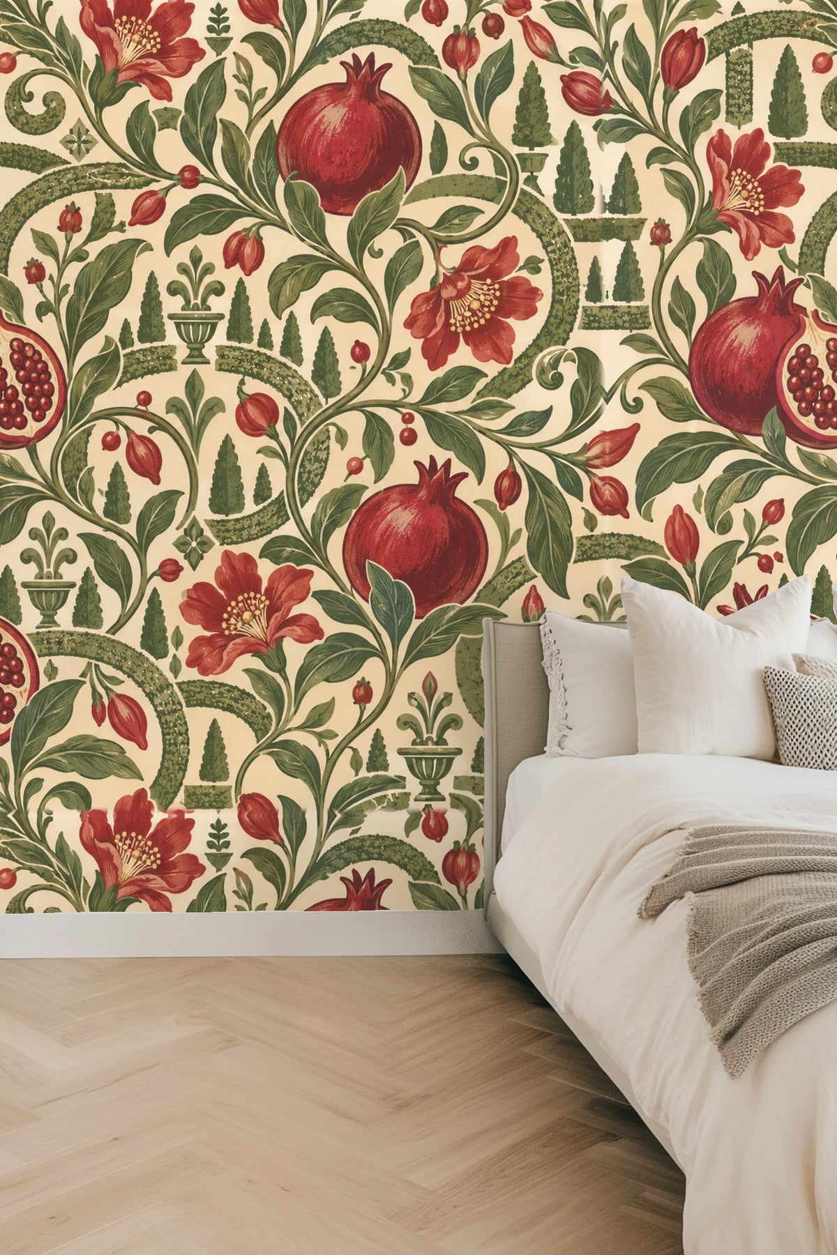 Detailed view of botanical flowers and pomegranate fruit elements in wallpaper pattern