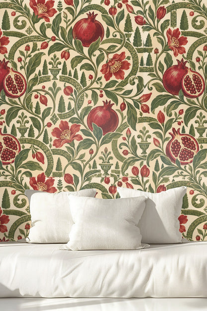Close-up of curling vine and detailed leaf linework in wallpaper illustration