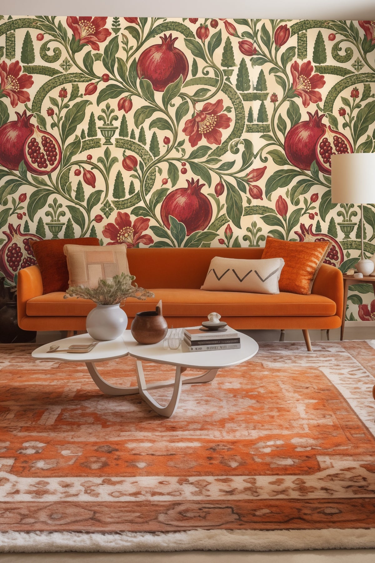 Close-up of Parterre Pomegranate original wallpaper artwork showing detailed pomegranates and scroll vines