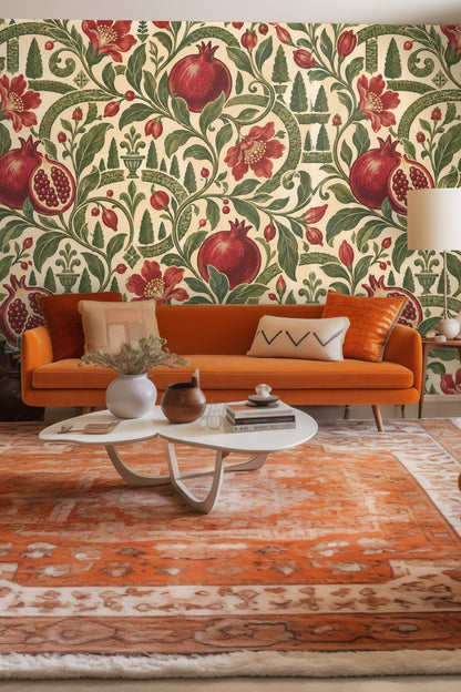 Close-up of Parterre Pomegranate original wallpaper artwork showing detailed pomegranates and scroll vines