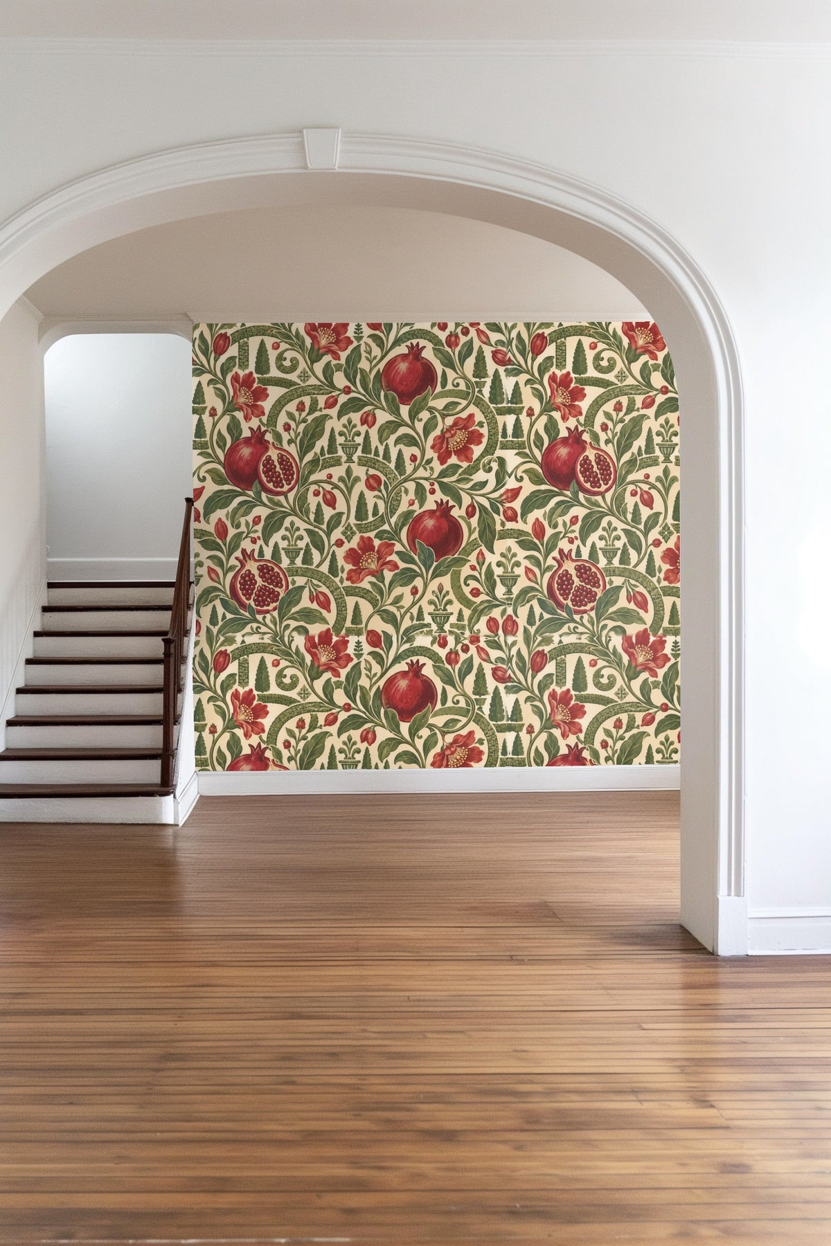 Room setting capturing overall scale and warmth of wallpaper with orange and cream accents
