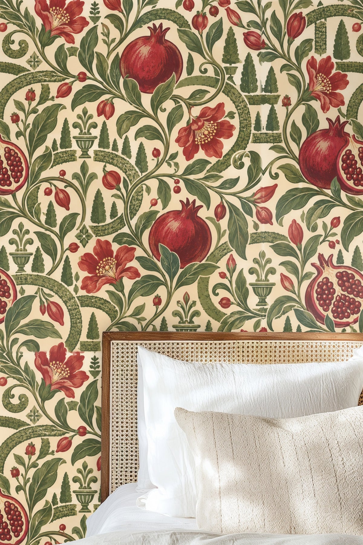 Living room wall decorated with Parterre Pomegranate wallpaper behind mid-century orange sofa and white coffee table