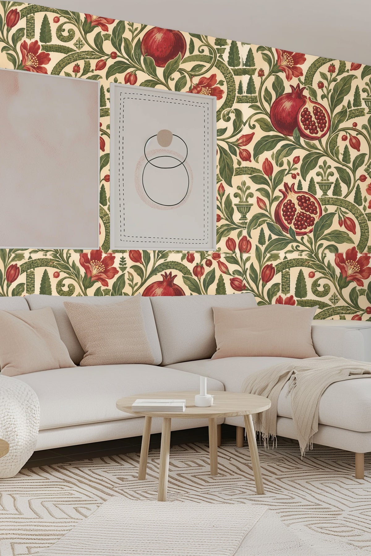 Bedroom wall featuring Parterre Pomegranate wallpaper behind natural wood and rattan headboard with white linens