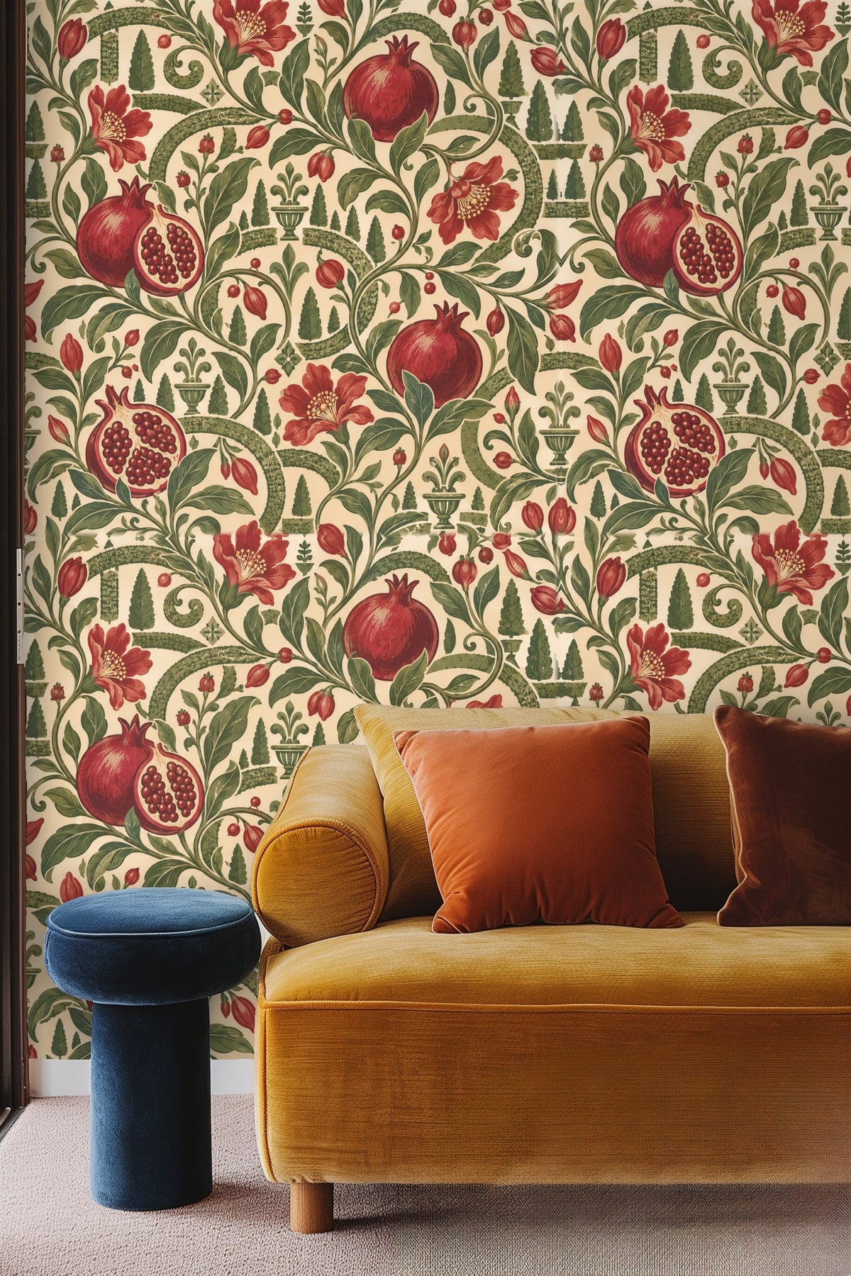 Pattern repeat view showing garden urns and clipped topiary shapes in wallpaper design