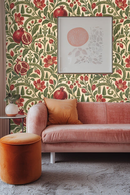 Side view of pomegranate flower and fruit sprouting among leaves in wallpaper