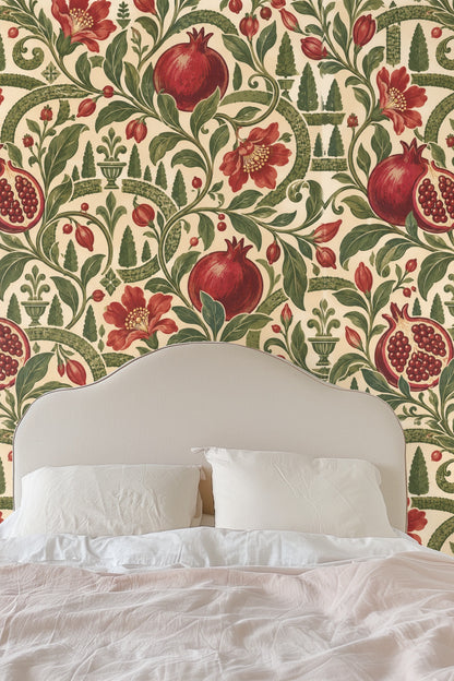 Wallpaper detail emphasizing color saturation of deep red pomegranates and olive greens
