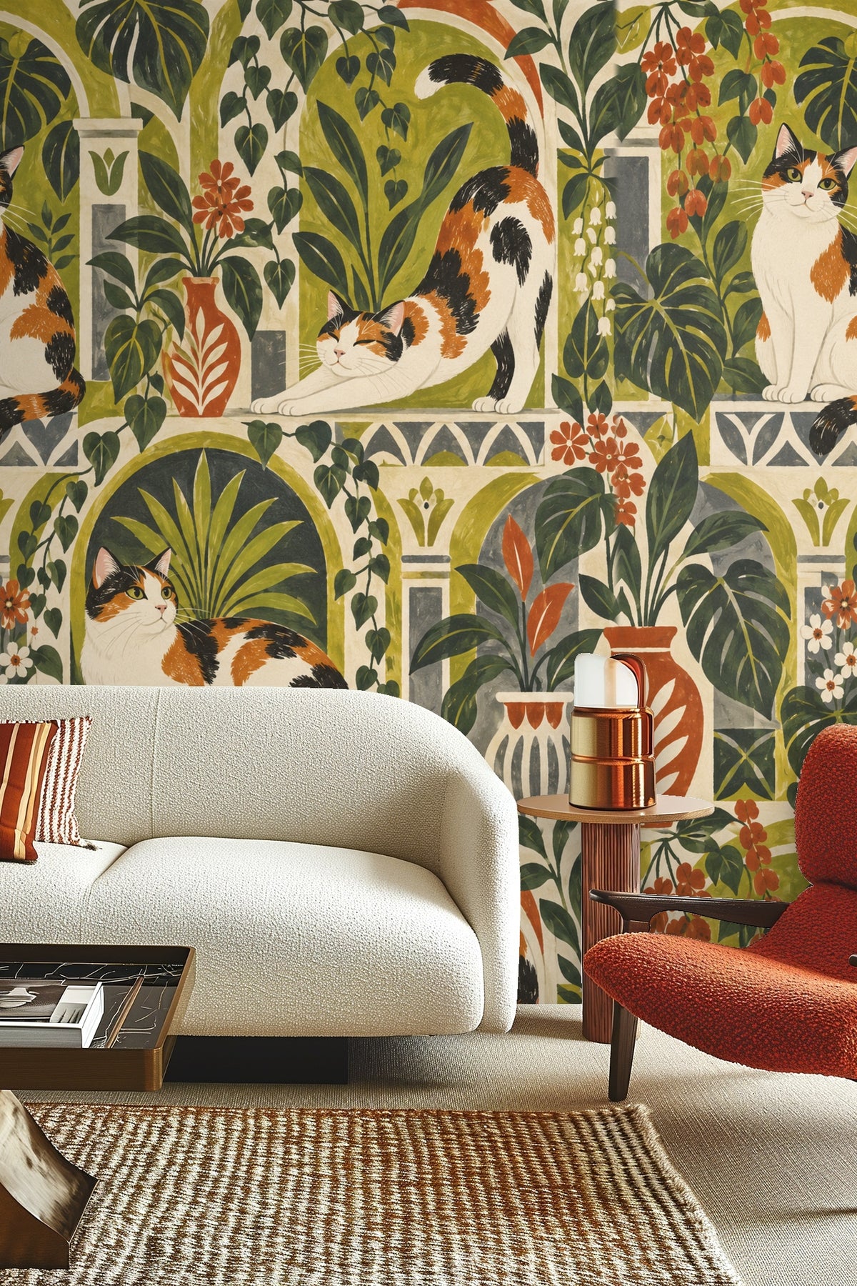 Wallpaper repeat with calico cat sitting among green monstera leaves and red flowers beneath arches