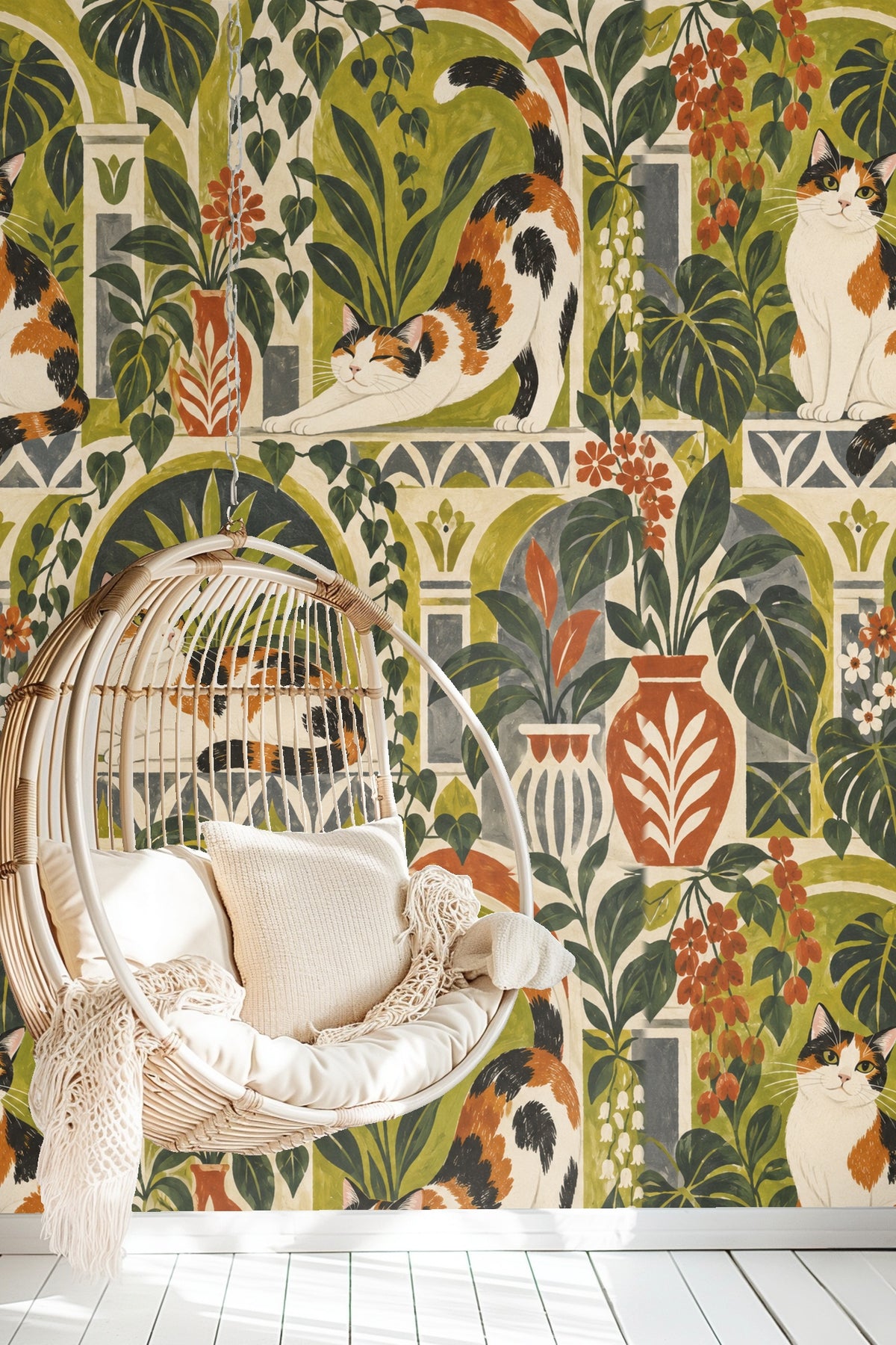 Calico Courtyard wallpaper shown in an interior setting