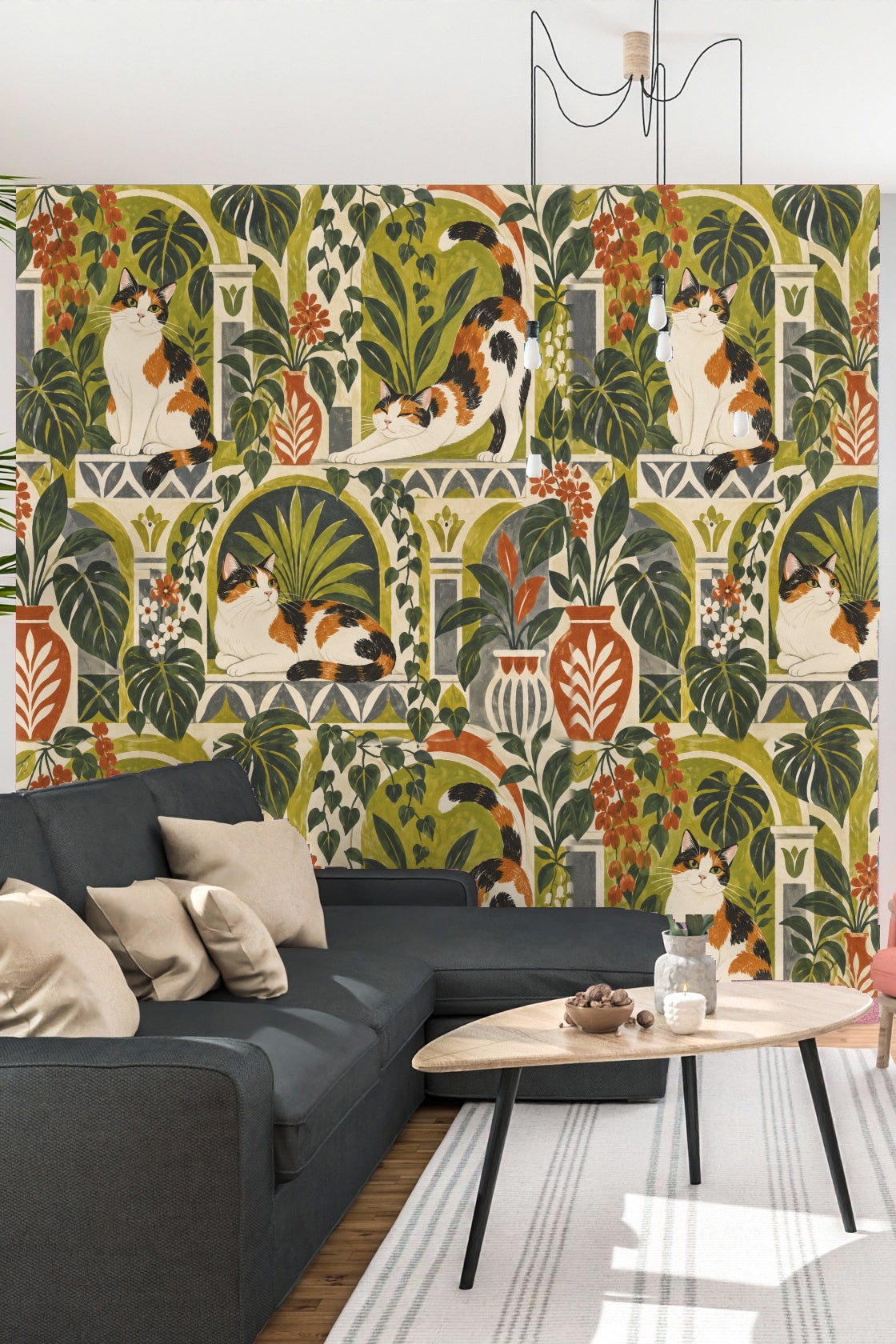 Calico Courtyard wallpaper shown in an interior setting