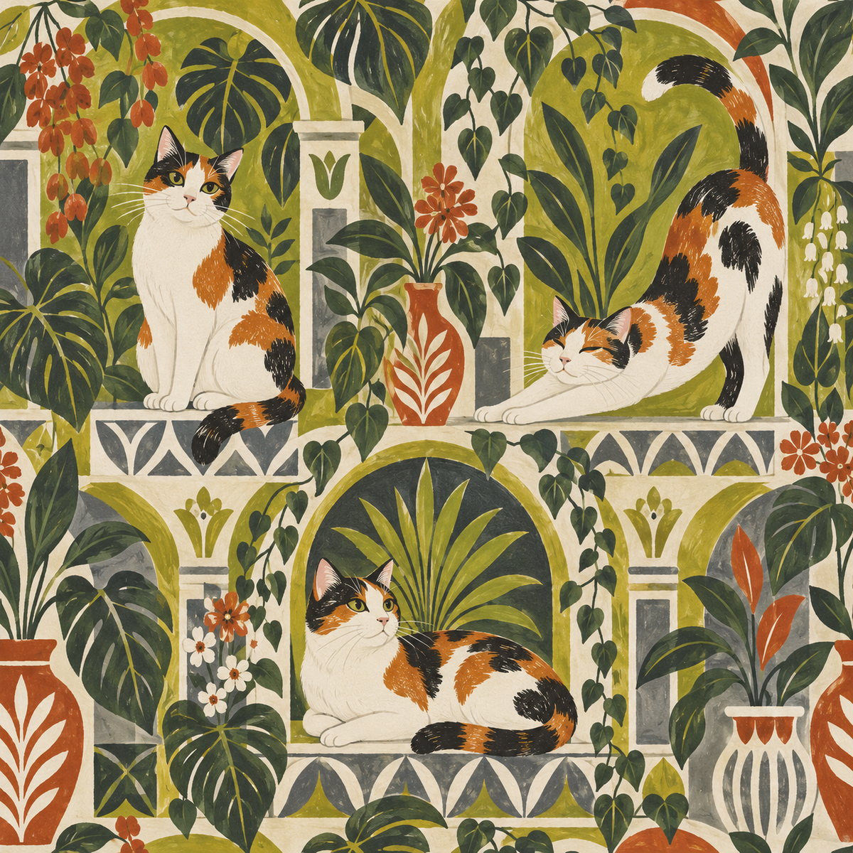 Calico Courtyard wallpaper shown in an interior setting