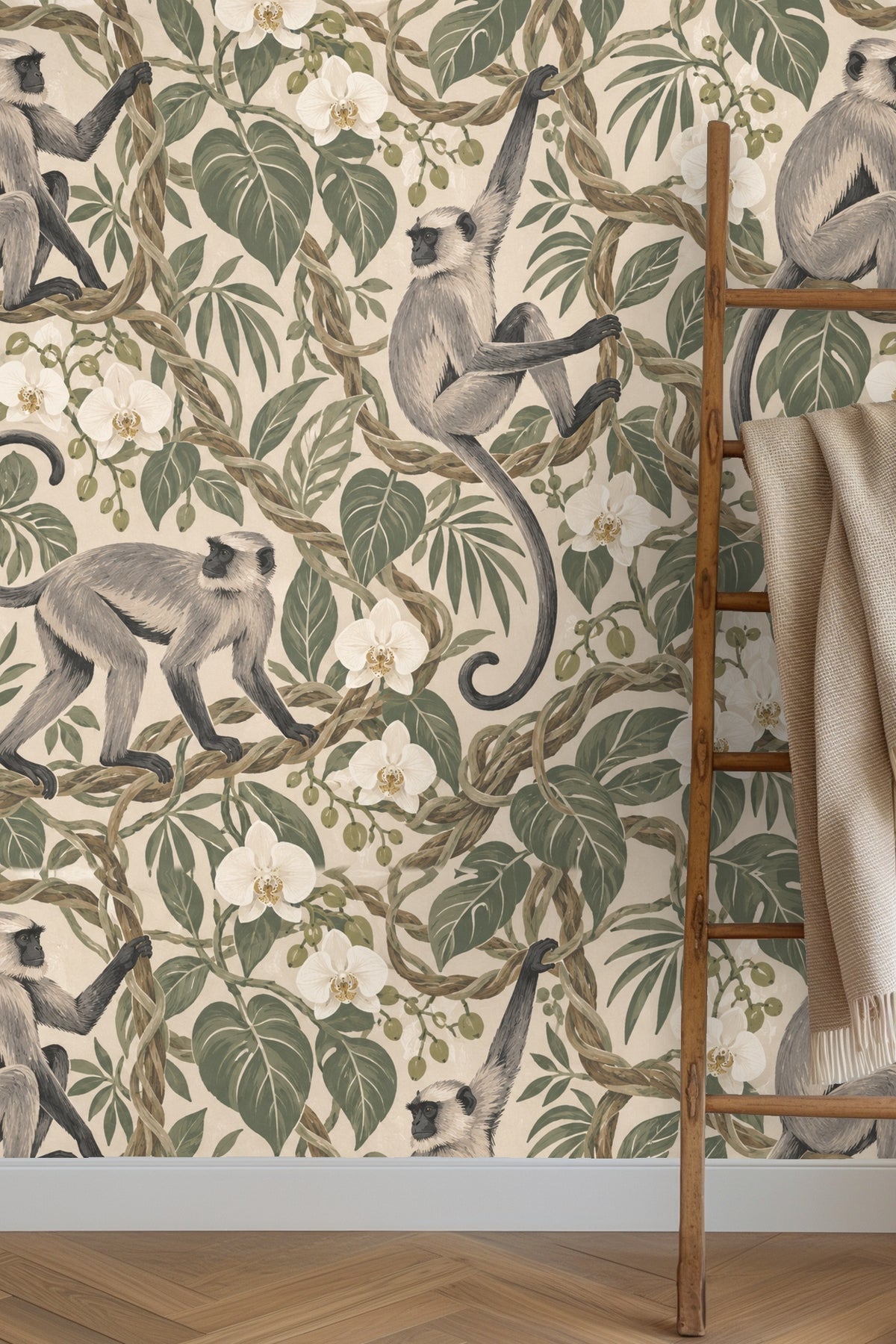 Laundry room with Ropevine Langurs wallpaper behind sink, showing langurs and green leaves among twisted vines.