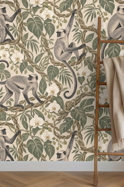 Laundry room with Ropevine Langurs wallpaper behind sink, showing langurs and green leaves among twisted vines.