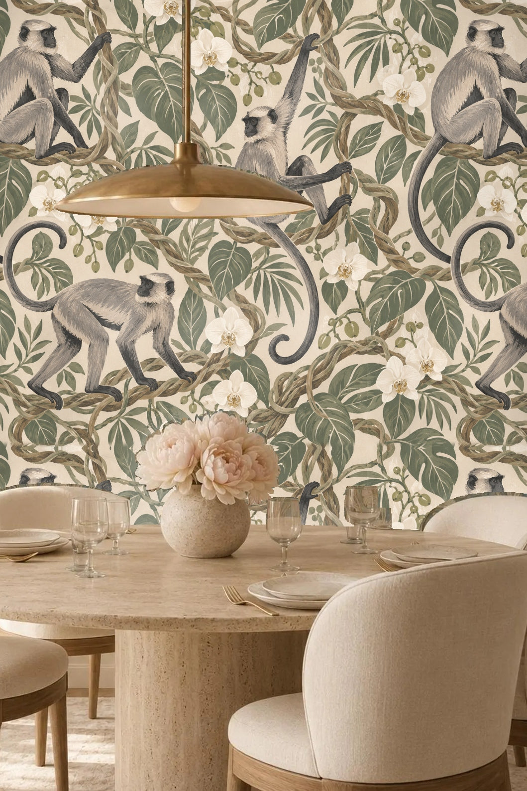 Three langurs arranged diagonally among botanical elements on cream background, showing pattern scale.