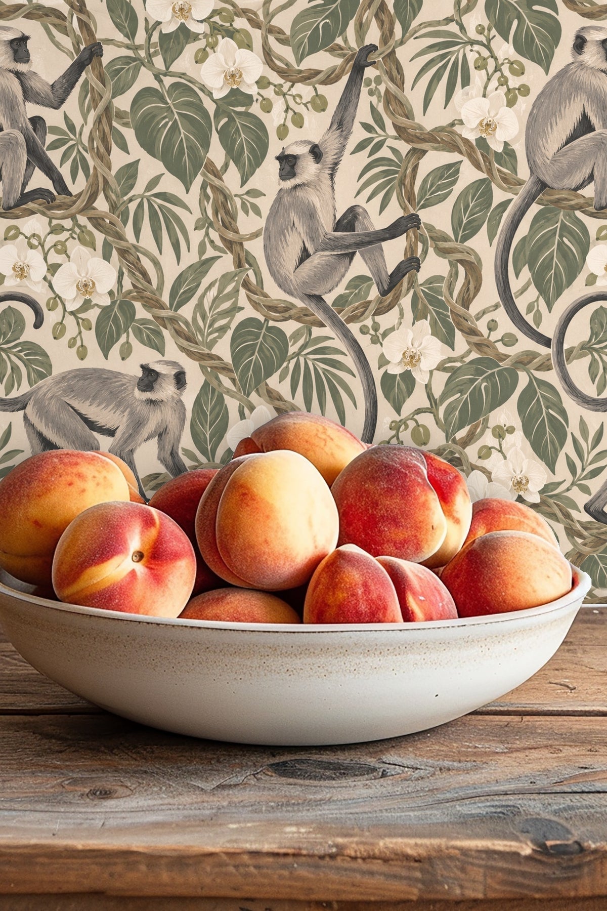 Pattern of overlapping tropical foliage with playful langurs positioned around twisted rope-like vines.