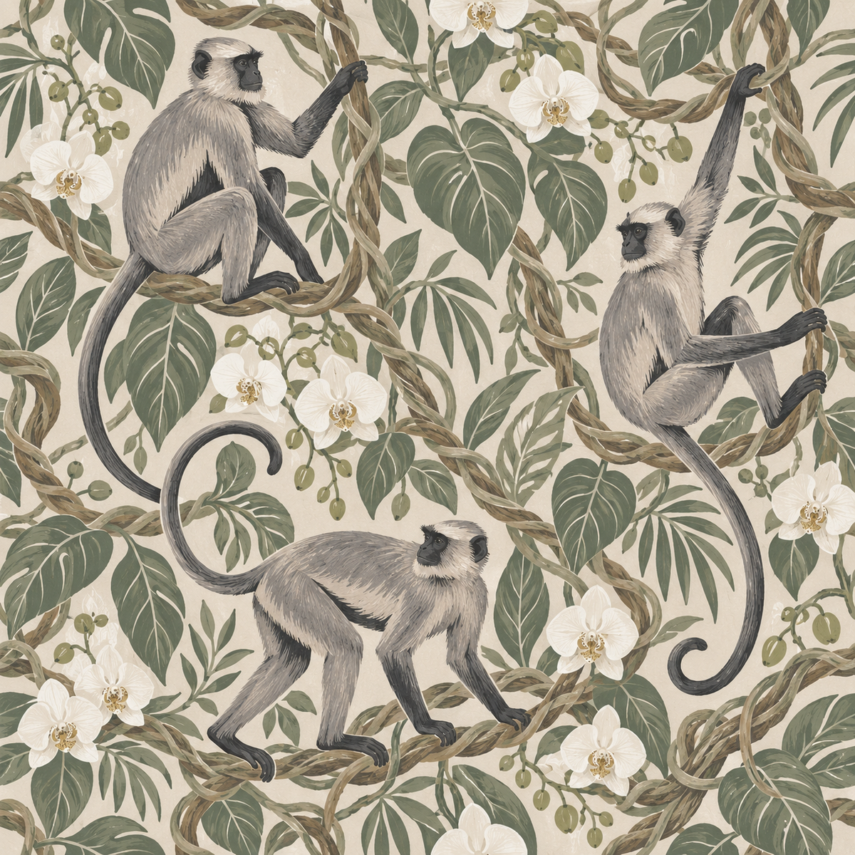 View holding open medicine cabinet door showing langur wallpaper for scale and pattern depth.