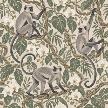 View holding open medicine cabinet door showing langur wallpaper for scale and pattern depth.