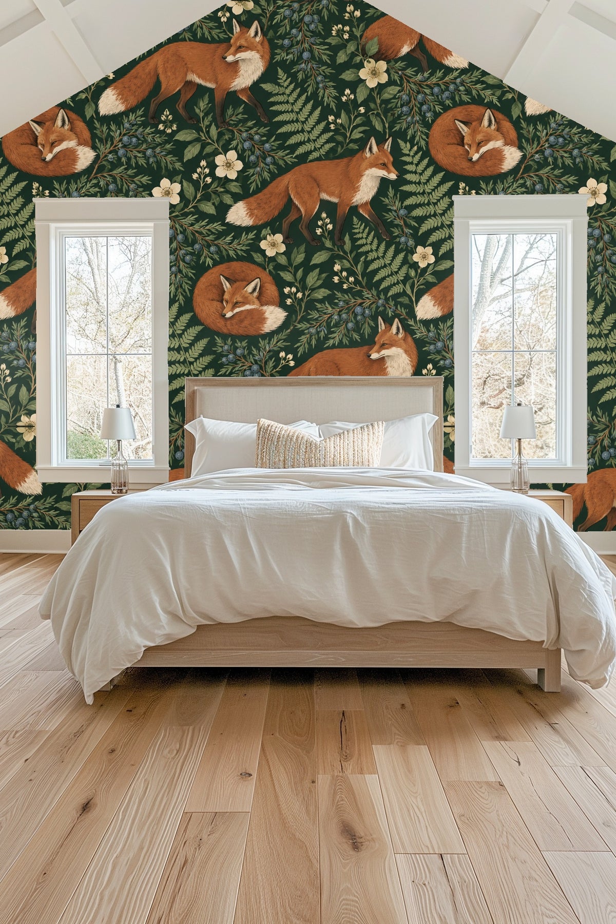 Detailed wallpaper close-up showing red foxes amid green leaves and cream flowers
