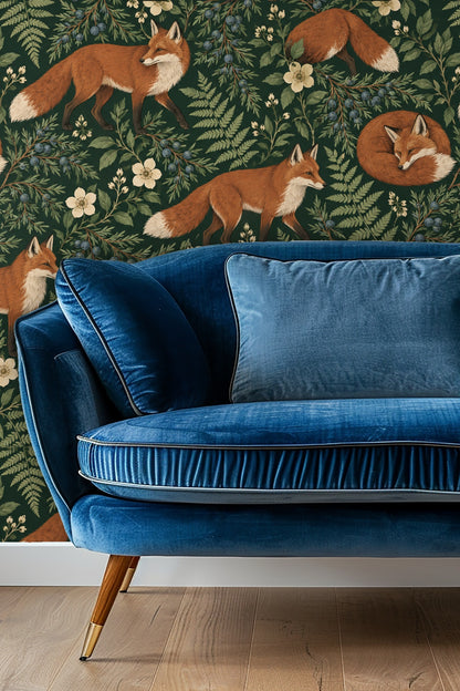 Bedroom with vaulted ceiling featuring Juniper Fox wallpaper depicting rust-colored foxes and green foliage